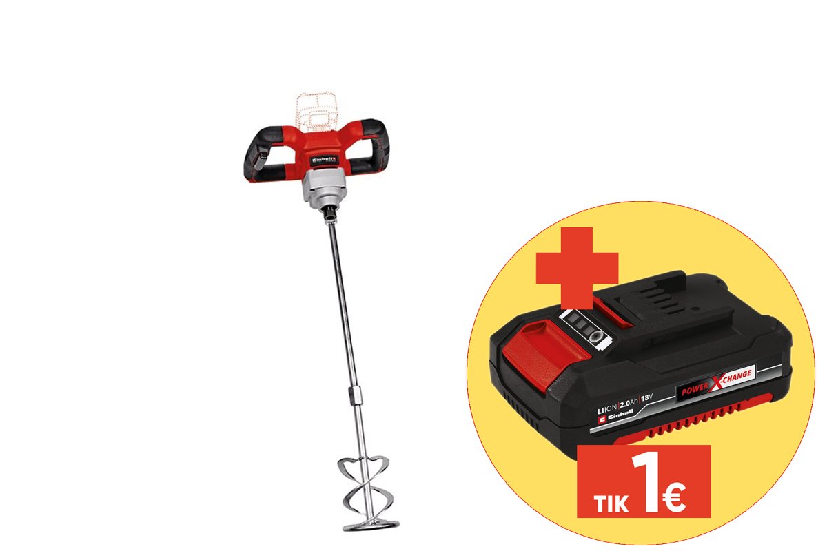 Akumuliatorinė mišinių maišyklė EINHELL TE-MX 18 Li, Solo, 18 V, Li-ion, be akumuliatoriaus ir kroviklio, tvirtinimas M14, yra maišytuvas Ø 100 mm