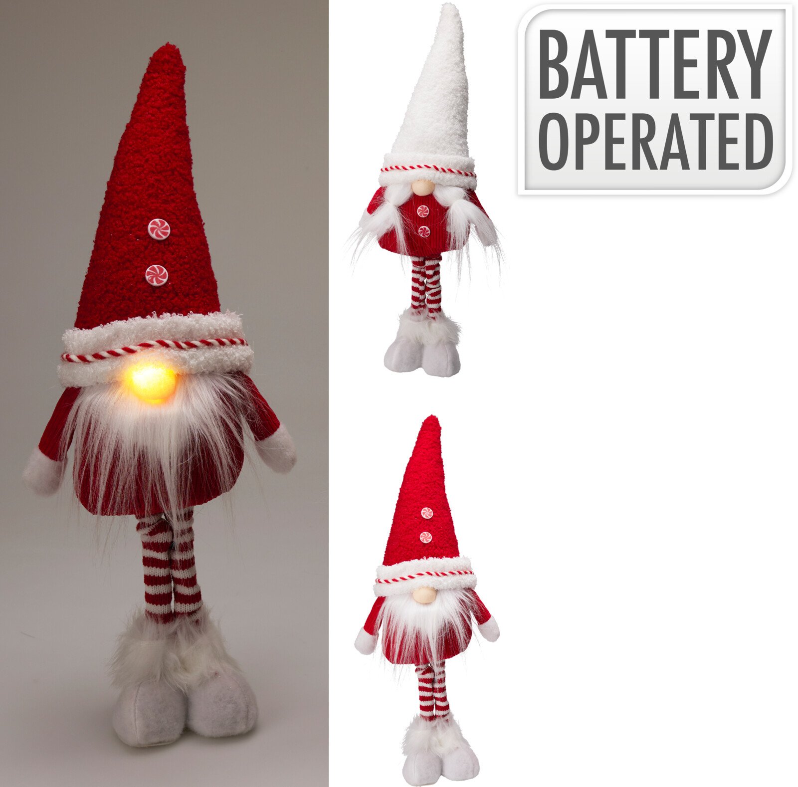 Kalėdinė LED dekoracija Gnomas, su raudona arba balta kepuraite, 17 x 10 x 48 cm, 2 x CR2032 baterijos komplekte