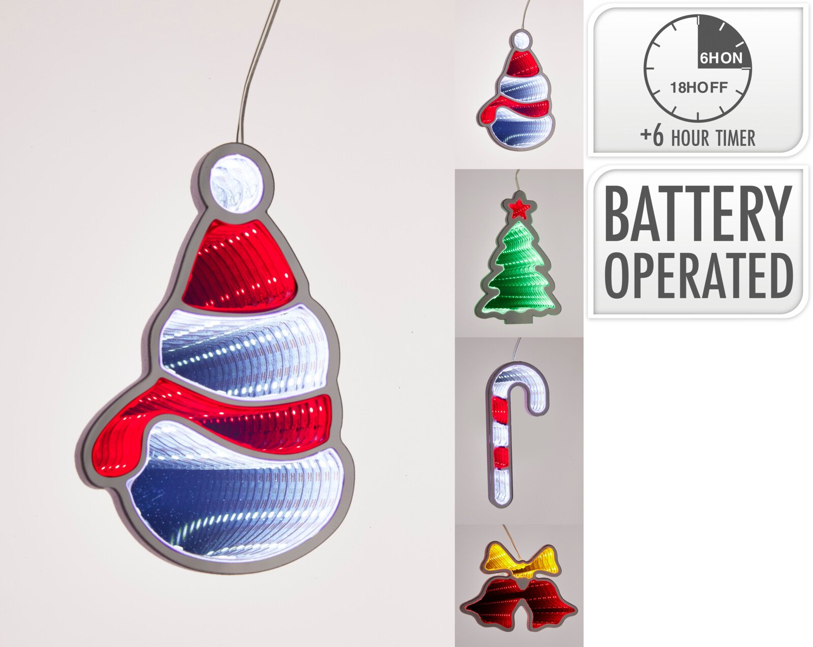 Kalėdinė LED dekoracija, įvairūs dizainai (lazdelė, eglutė, varpelis, sniego senis), be baterijų, vidaus naudojimui