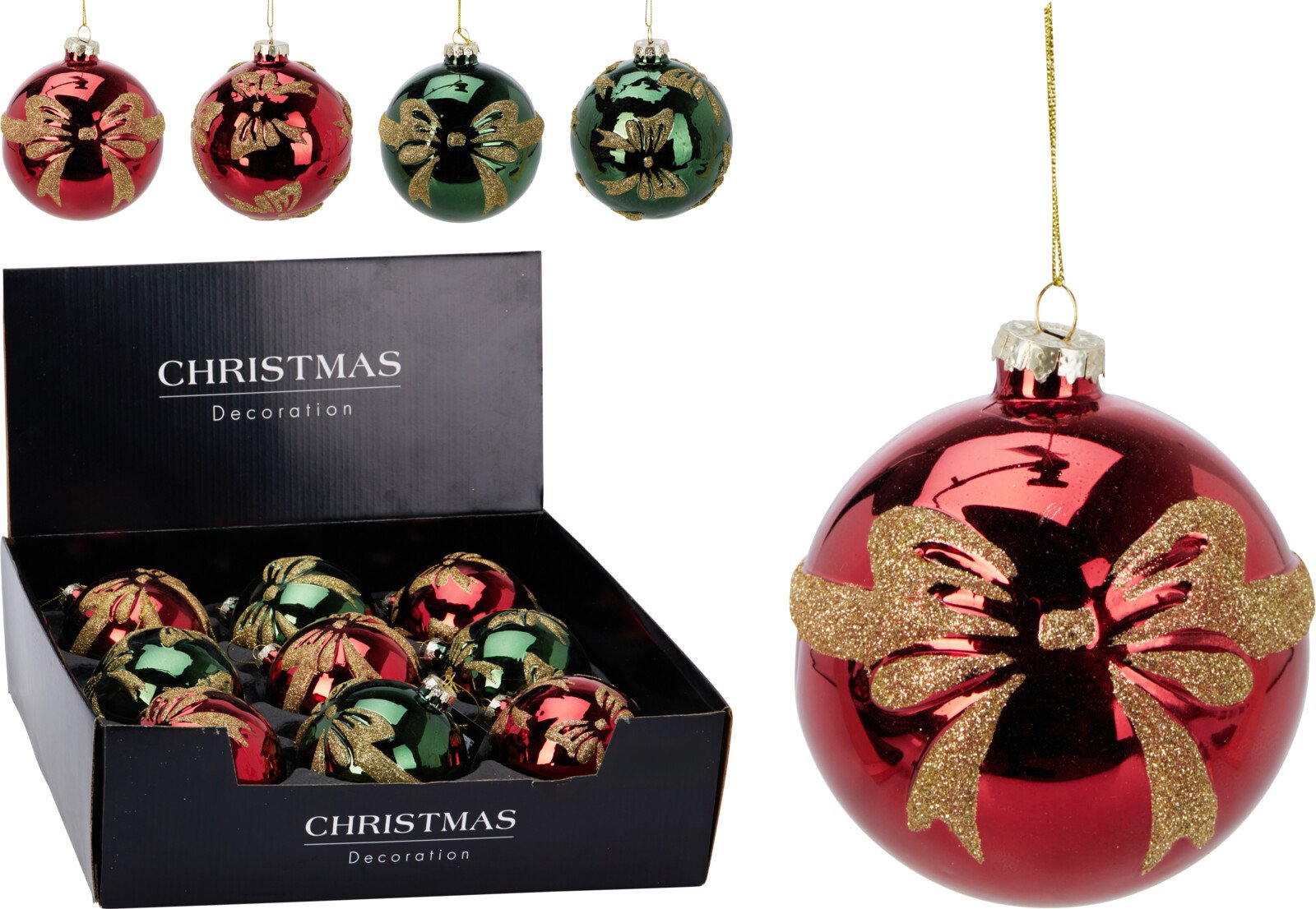 Eglutės žaisliukas, stiklas, 2 skirtingos sp., kiekviena spalva 2 dizainai (su dideliu kaspinu arba daug mažų kaspinėlių), skersmuo 10 cm