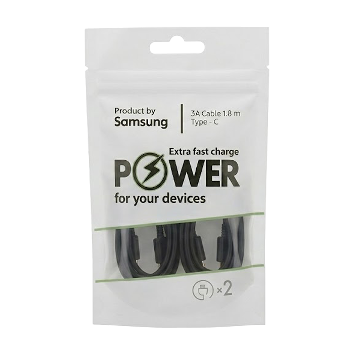 Įkrovimo laidas SAMSUNG, 3A, Type-C, laido ilgis 1,8 m, komplekte 2 vnt., juodos sp.
