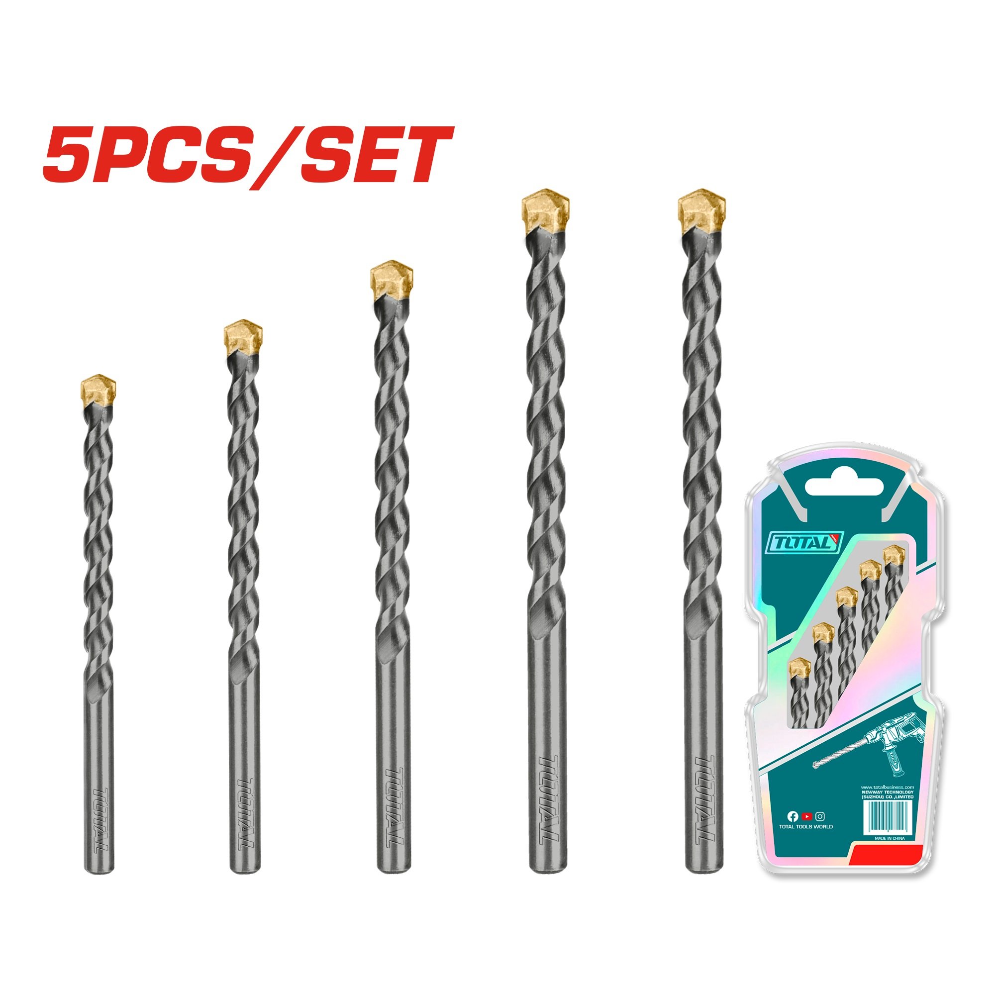 Grąžtų rinkinys TOTAL, betonui, 5 vnt. (4,5,6,8,10 mm), TACSD5055