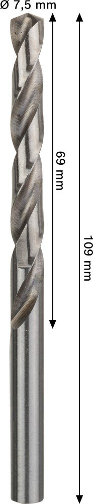Grąžtas metalui BOSCH HSS-G, DIN 338, 7,5 × 69 × 109 mm