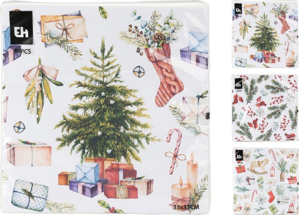Kalėdinės servetėlės, 16 vnt., 3 skirtingi dizainai, 17 x 17 cm