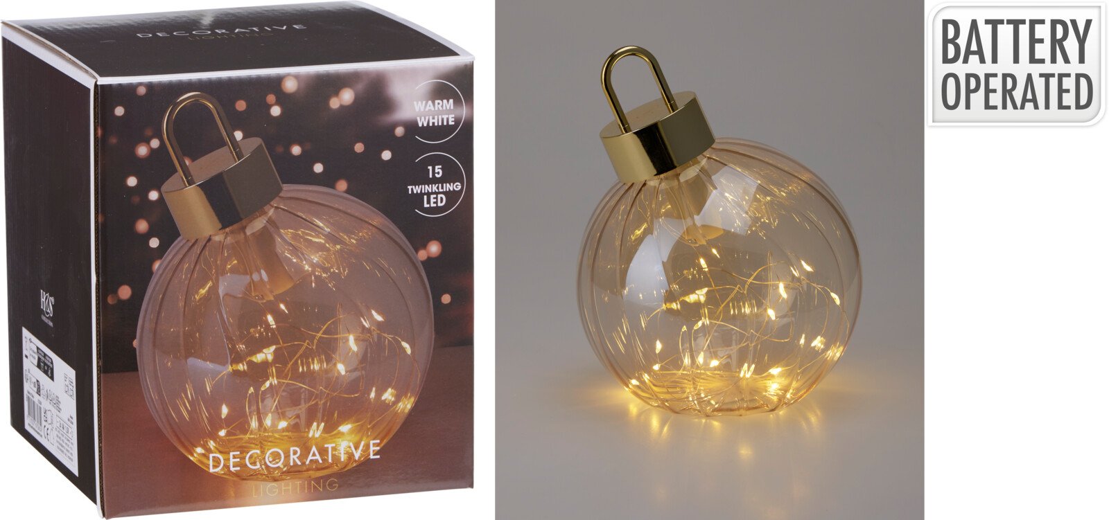 Eglutės LED žaisliukas, stiklas, gintaro sp., 15 x 18,5 cm, be baterijų