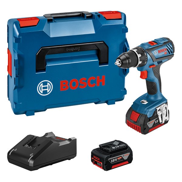 Akumuliatorinis gręžtuvas BOSCH Professional GSR 18V-28, 2 x 18V, 4.0 Ah akumuliatoriai, kroviklis, 63 Nm, metalinis griebtuvas, L-BOXX lagaminas