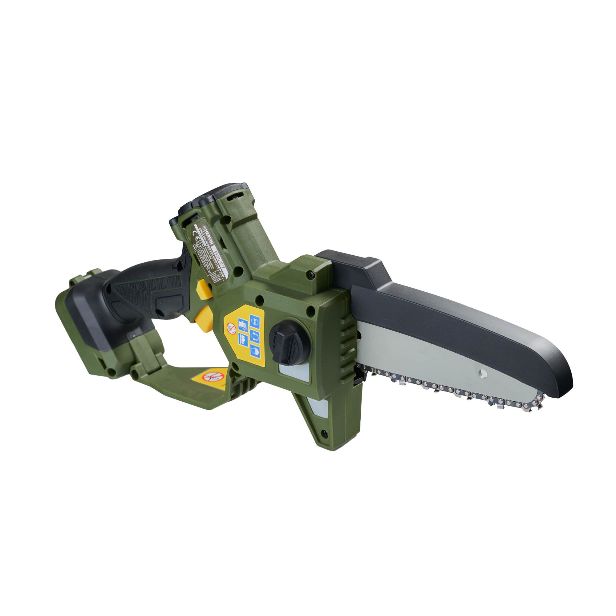 Akumuliatorinis rankinis grandininis pjūklas HERVIN BATTERY, 20 V, bešepetėlinis, 5000/min., pjovimo juosta 150 mm, be akum., PLYL-177