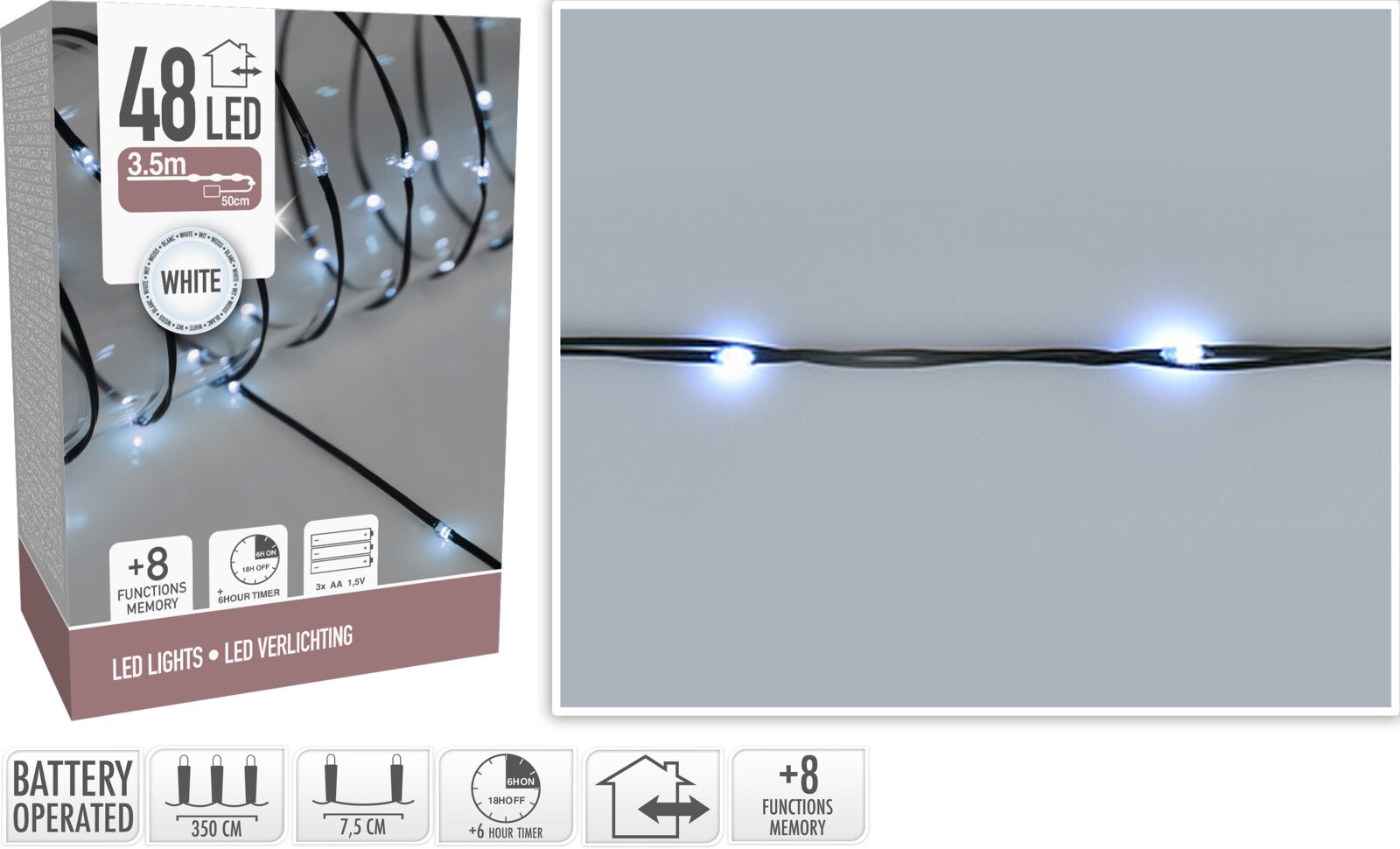 Šviečianti girlianda, su 48 LED, baltos šviesos, 3,5 m, 8-ių funkc., IP44