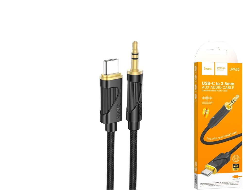 AUX audio laidas HOCO 30, Type C - 3,5mm, sustiprintas, laido ilgis 1m