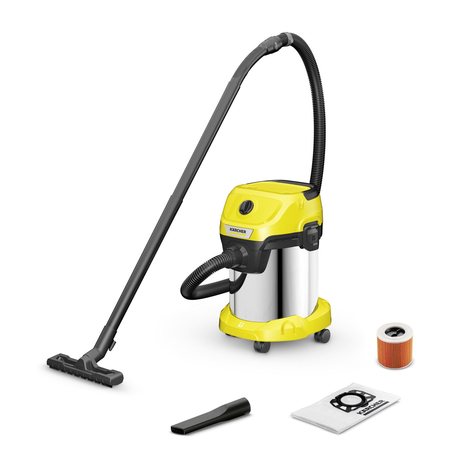 Sauso - šlapio siurbimo dulkių siurblys KARCHER WD 3 S, 17 litrų metalinė, dulkių talpa, filtras, galingumas 1000 W, 4 m ilgio elektros laidas, 2 m ilgio žarna, 1.628-135.0