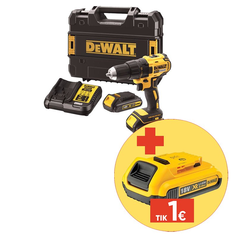 Akumuliatorinis gręžtuvas DEWALT DCD771S2-QW, maks. sukimo momentas 42 Nm, 18 V, 2 x 1,5 Ah akumuliatoriai, kroviklis, lagamine