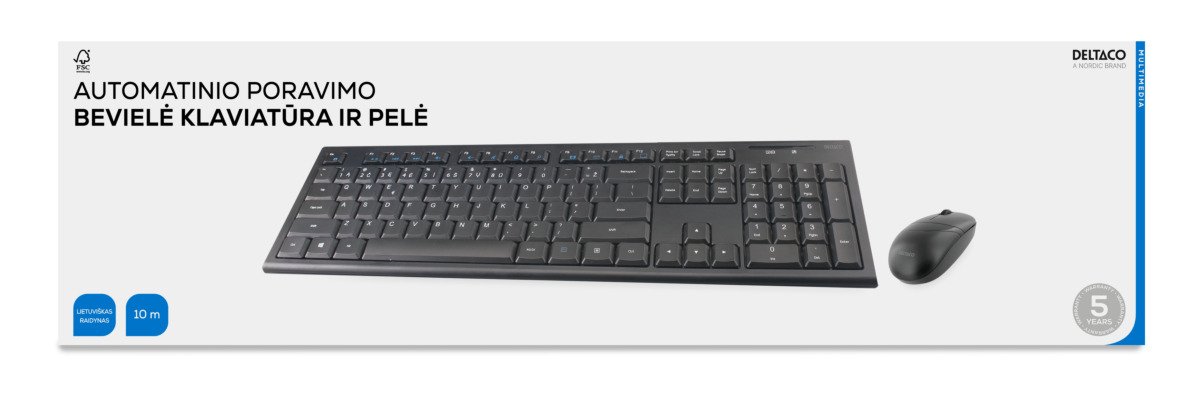 Kompiuterio klaviatūros ir pelės komplektas DELTACO Tb-114-Lt, bevielė klaviatūra ir pelė, 105 klavišai, LT/EN kalbos, 2.4GHz USB Nano imtuvas, juodos sp.