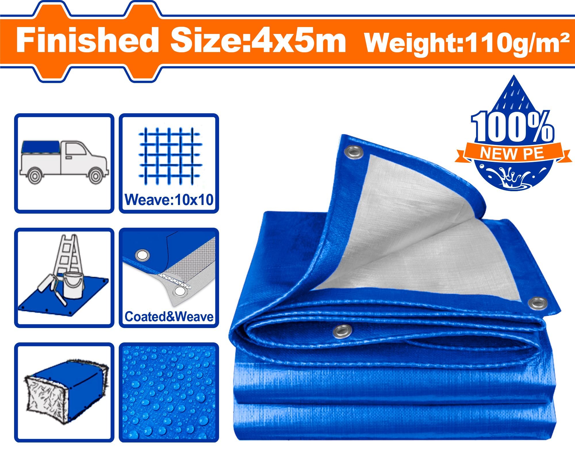 Universalus tentas WADFOW WTQ1845, 110 g/m2, storis 0,15 mm, 4 x 5 m