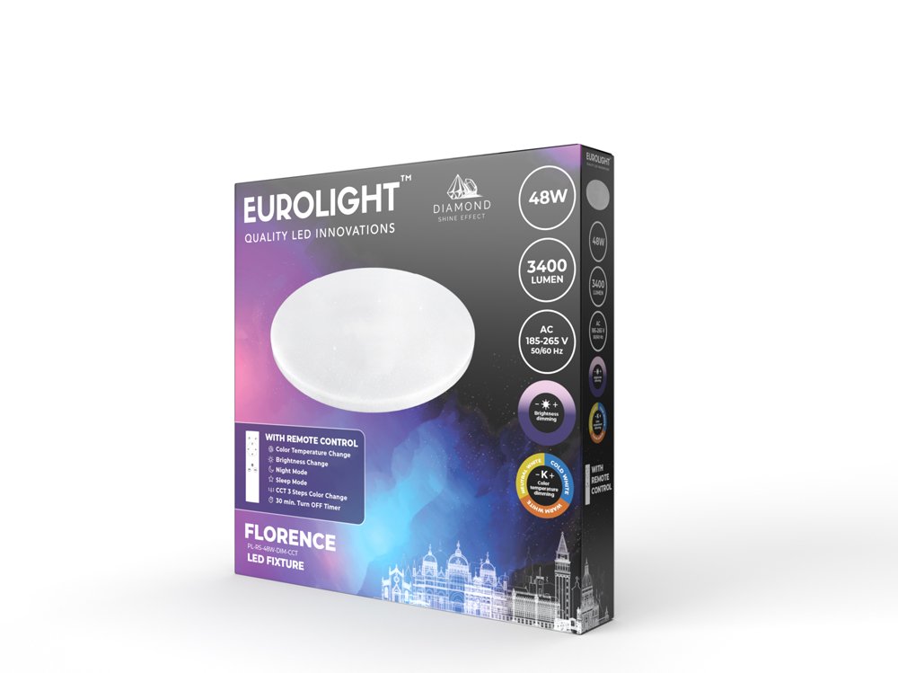 Lubinis LED šviestuvas EUROLIGHT Florence, 48 W, 185-265 V, 3120 lm, IP20, su pultu, dimeriuojamas, 480 x 70 mm, PL-RS-48W-DIM-CCT