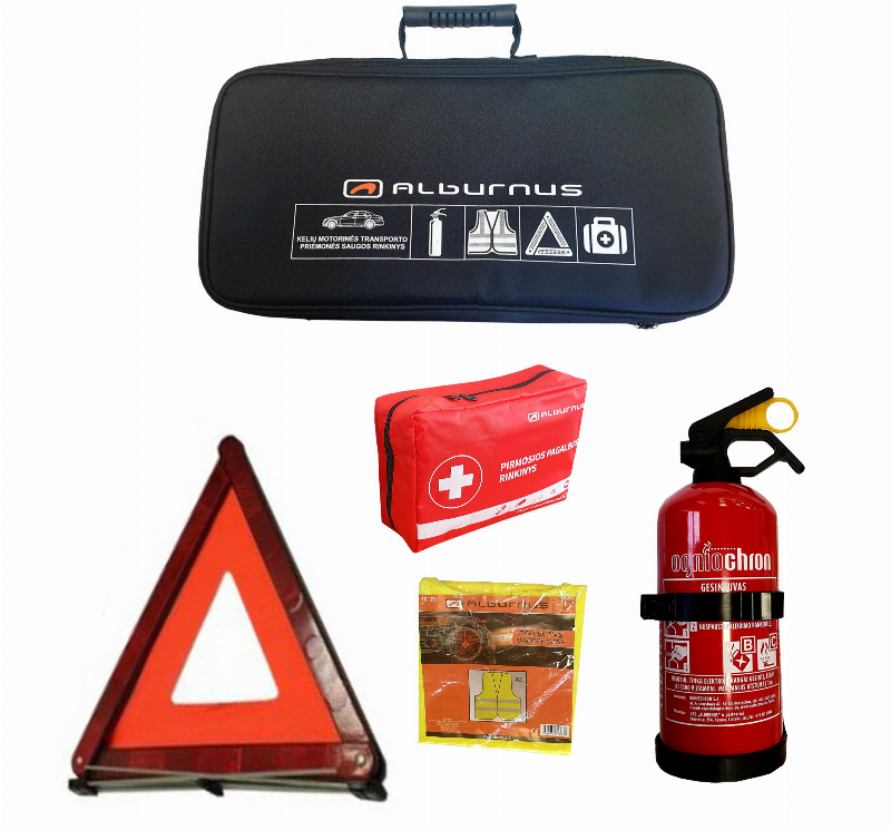 Automobilio saugos rinkinys ALBURNUS, su 1 kg gesintuvu, avarinis ženklas, šviesą atspindinti saugumo liemenė, vaistinėlė