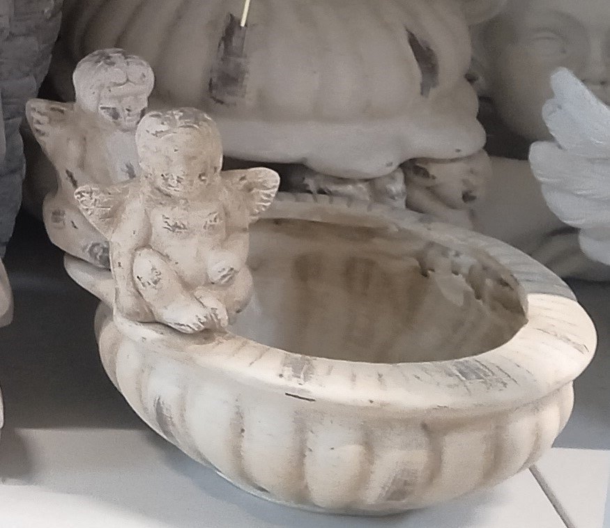 Vienmetė gėlė, kompozicija kapams, dubuo su angelu, skersmuo 20 cm.