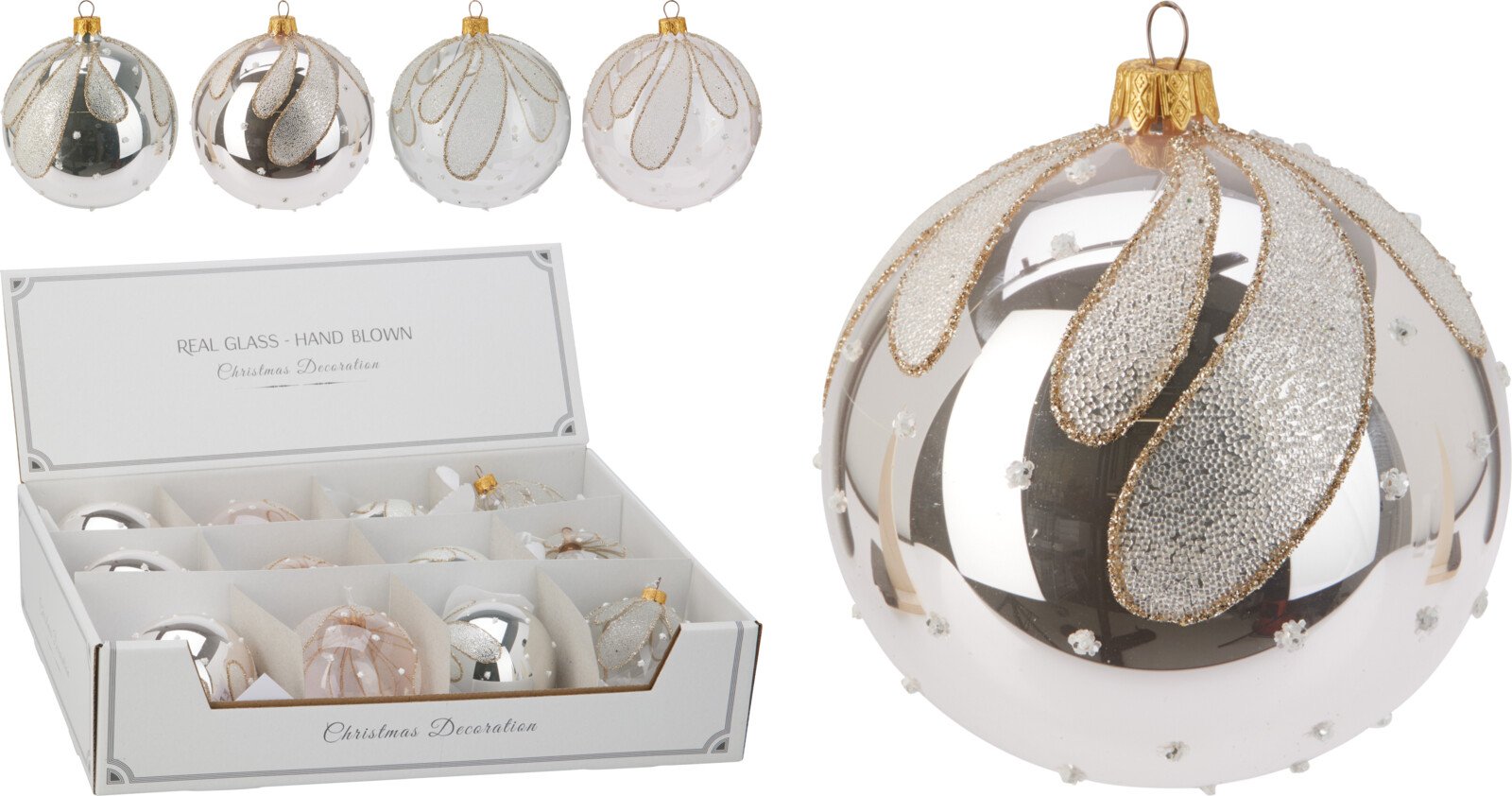 Eglutės žaisliukas, stiklas, 4 skirtingos sp., skersmuo 8 cm