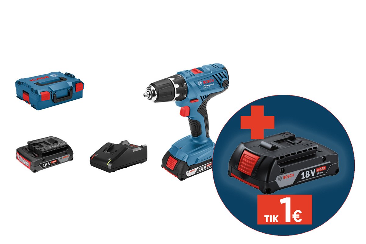 Akumuliatorinis suktuvas BOSCH Professional GSR 18V-21, komplekte 2x 2.0 Ah, 18 V akumuliatoriai ir kroviklis GAL 1820