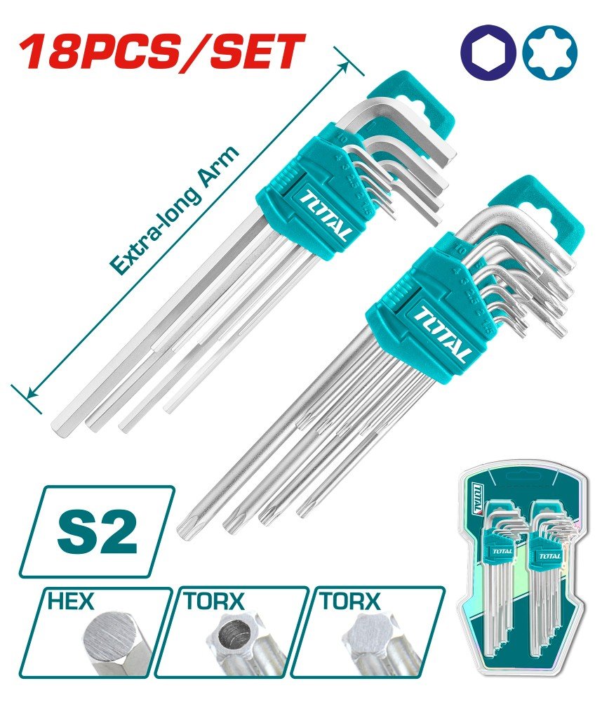 Šešiakampių ir TORX raktų rinkinys TOTAL, CR-V, 1.5-10 mm, T10-T50, 18 vnt, THT106KT0181