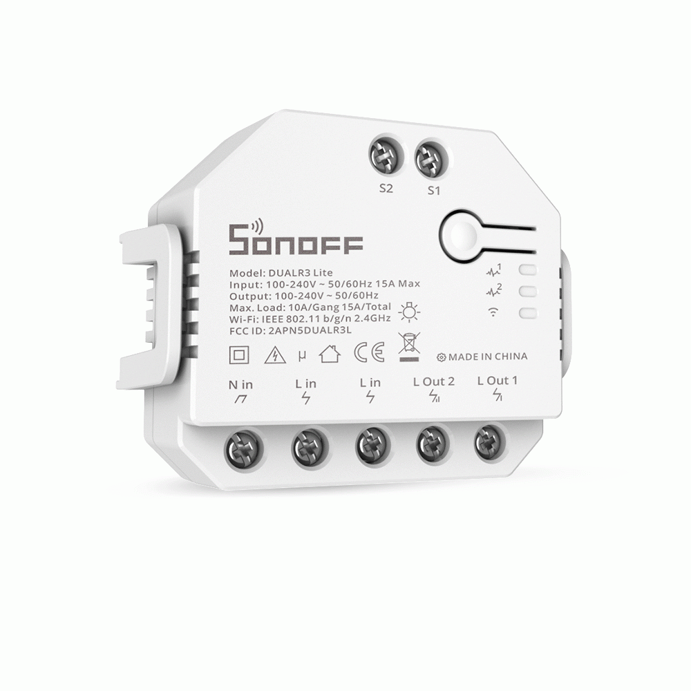 Išmanusis jungiklis SONOFF Dual R3 Lite, 100-240VAC, max 3300W, Wi-Fi, valdomas programėle, išorinis jungiklio valdymas tiek variklio, tiek jungiklio režimu.