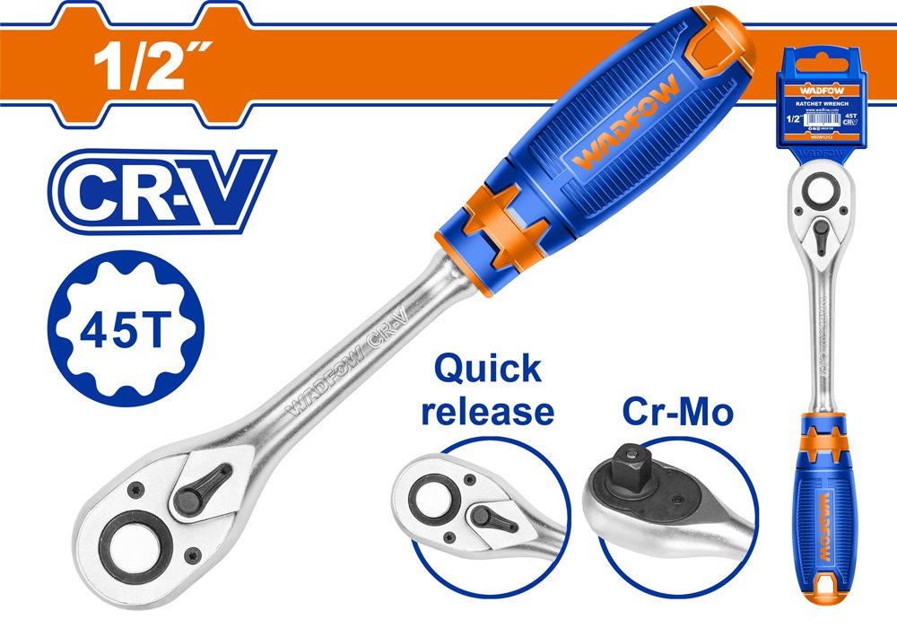 Terkšlinė rankena galvutėms WADFOW, Cr-V+Cr-Mo, 1/2" 45T, 260 mm, WRW1212