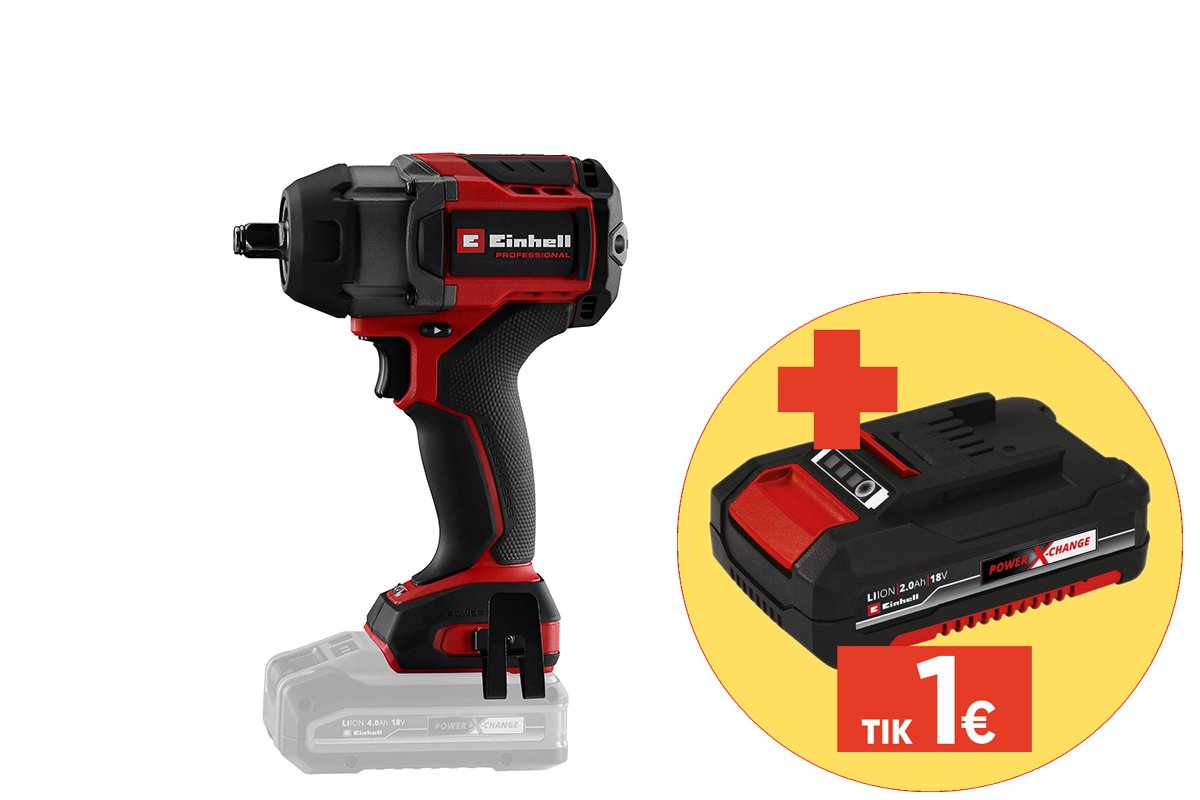 Akumuliatorinis smūginis veržliasukis EINHELL TP-CW 18/750-C Li BL - Solo, 18 V, 1/2" jungtis, bešepetėlis variklis, maks. sukimo momentas 1000 Nm, be akumuliatorių ir kroviklio