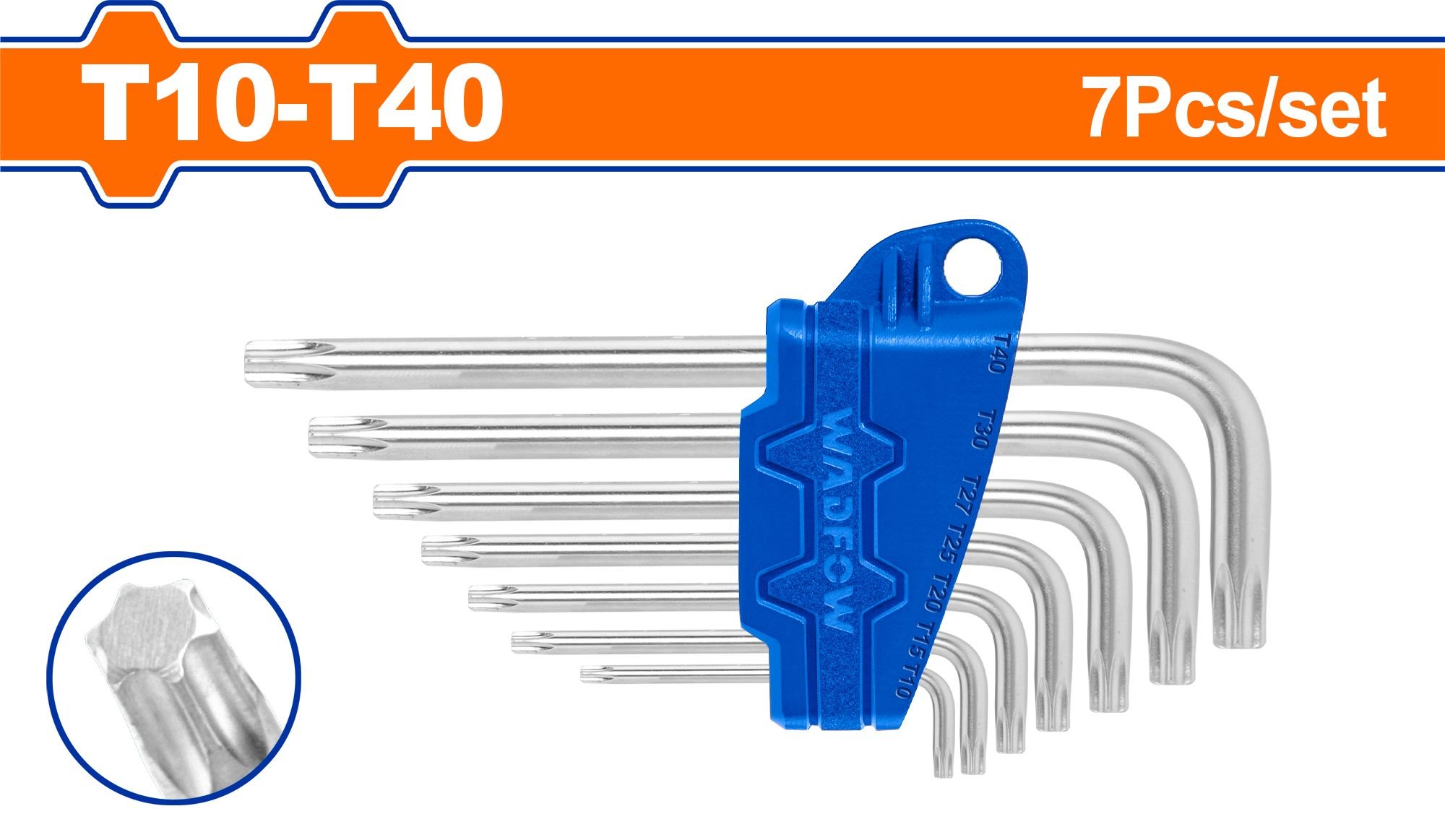 Žvaigždučių raktų TORX rinkinys WADFOW, T10-T40, 7 vnt., WHK3671