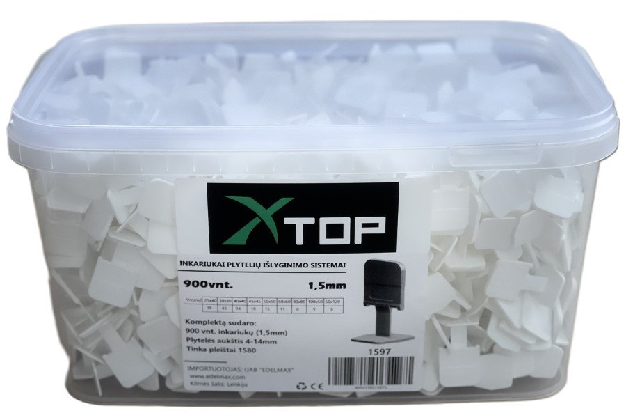 Plytelių išlyginimo sistema XTOP, 1,5 mm, inkarų 900 vnt., plytelių aukštis 5-14mm