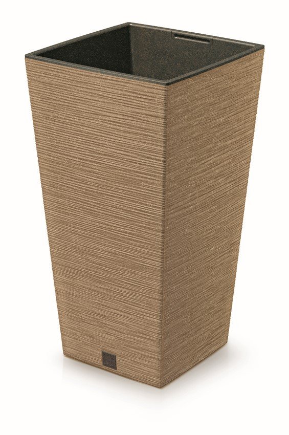 Plastikinis lauko vazonas Furu Square ECO Wood, šviesiai rudos sp., 34,5 x 34,5 x 66 cm.