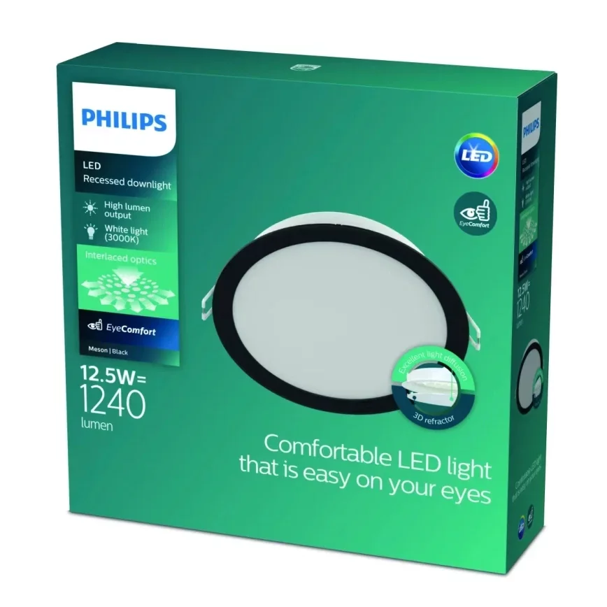 Montuojamas šviestuvas panelė PHILIPS Meson, įleidžiama, LED 12,5 W, 3000K, 1200lm, apvali, juodos sp., 140 mm skersmens