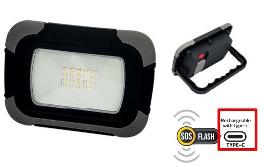 LED Prožektorius HOROZ Panda, 10W, 800lm, 6400K, IP44, su baterija, juodos sp.