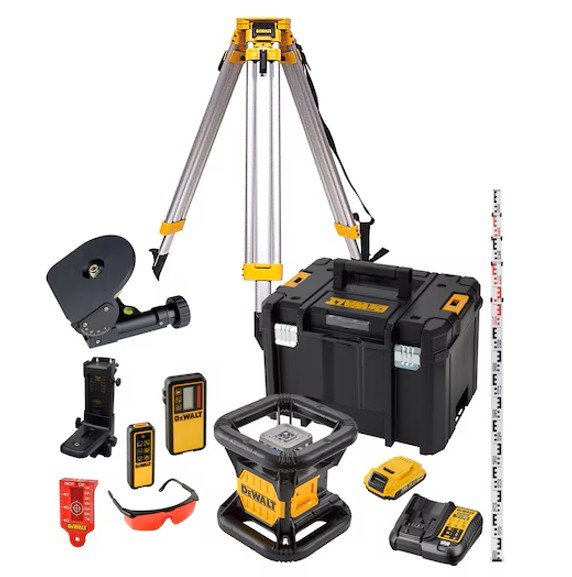 Rotacinis lazerinis nivelyras DEWALT DCK374D1R-QW, raudonas lazeris + priedai, komplekte 2,0 Ah akumuliatorius ir kroviklis