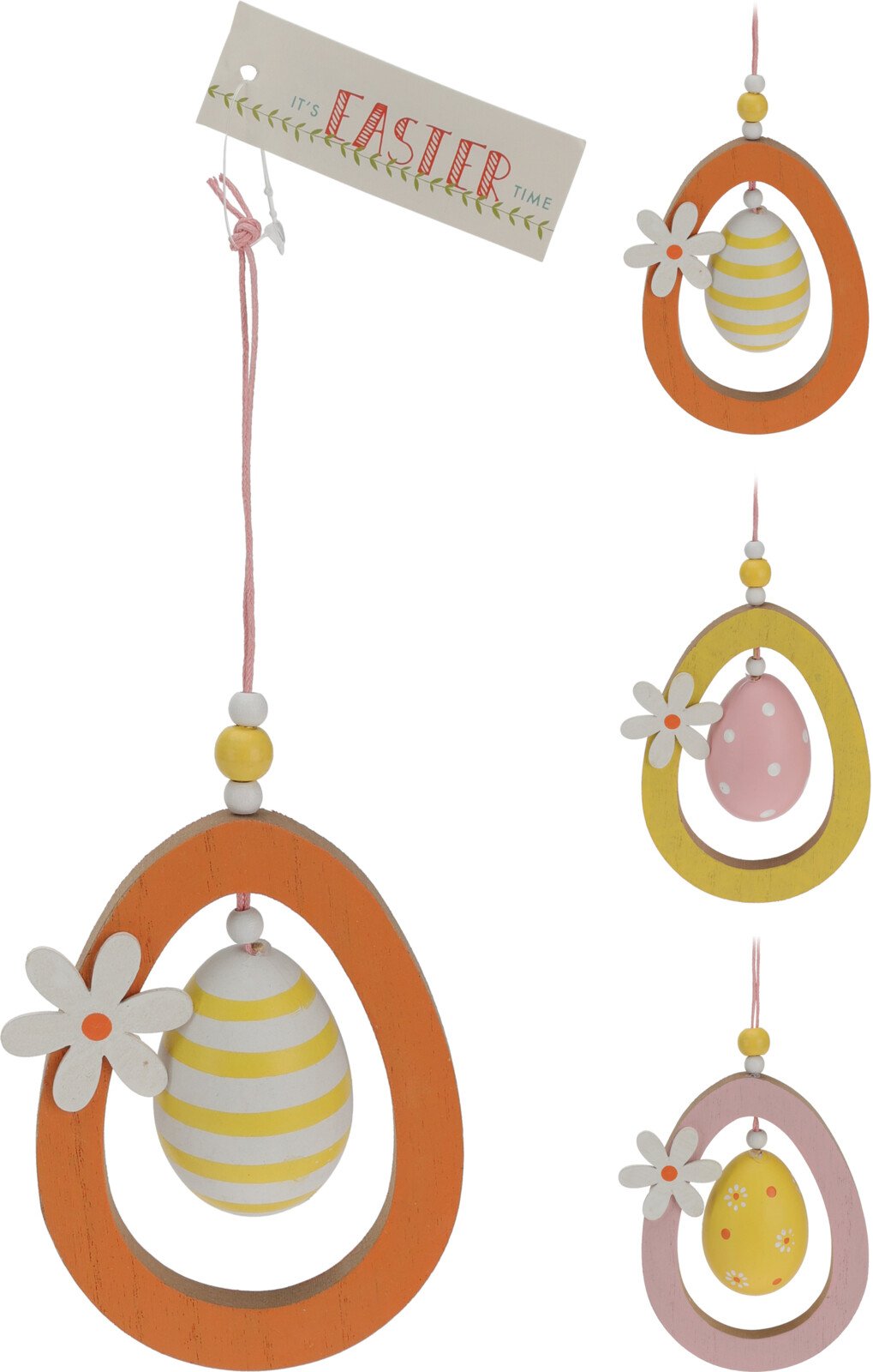 Velykinė pakabinama dekoracija Medinis kiaušinis, 12 cm, 3 skirtingos sp.