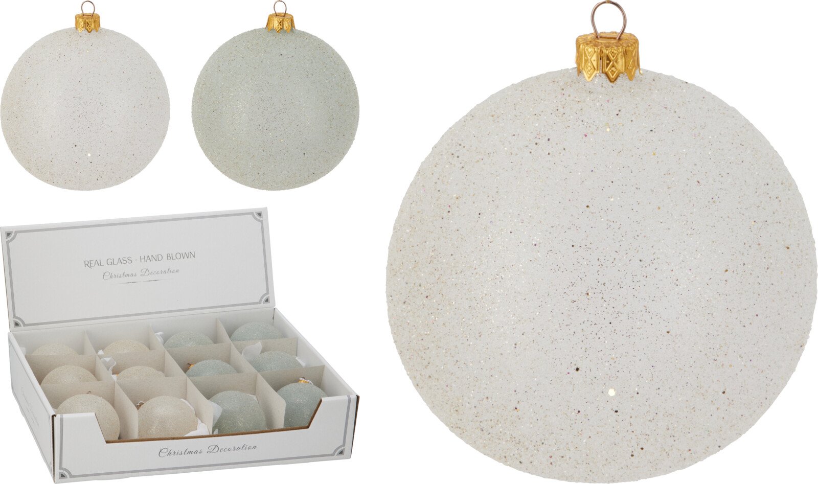 Eglutės žaisliukas, stiklas, su blizgučiais, 2 skirtingos sp., skersmuo 8 cm