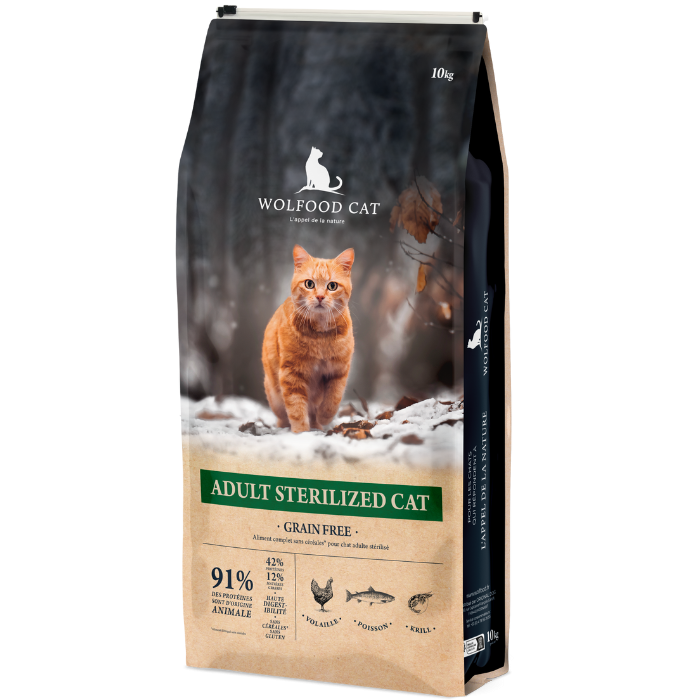 Sausas ėdalas katėms WOLFOOD, be grūdų, sterilizuotoms katėms nuo 10 mėnesių, su paukštiena, 10 kg