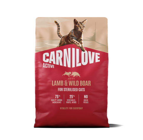 Sausas kačių ėdalas CARNILOVE,  tinkamas sterelizuotoms suaugusioms visų veislių katėms, su šviežia ėriena ir šerniena, be grūdų ir bulvių, 2 kg