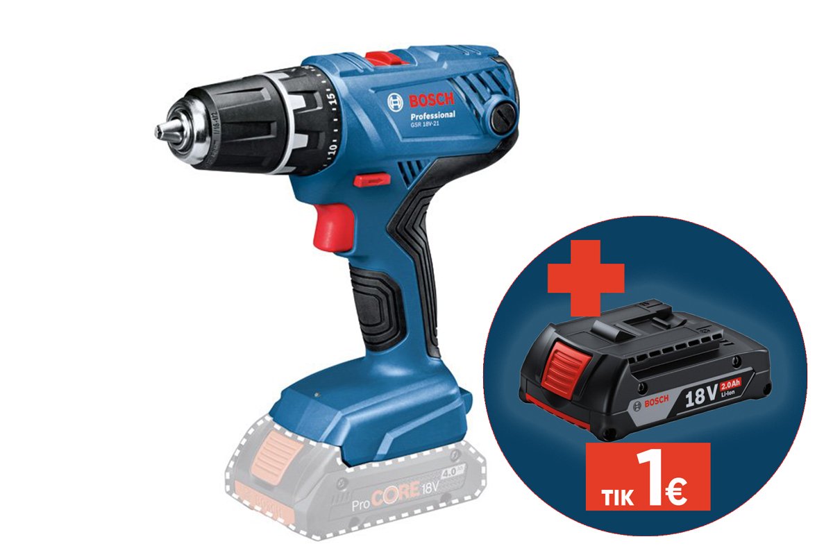 Akumuliatorinis suktuvas BOSCH Professional GSR, 18V-21 SOLO, sukimo momentas 21-55 Nm, 13 mm griebtuvas, 06019H1071, be akumuliatoriaus ir kroviklio
