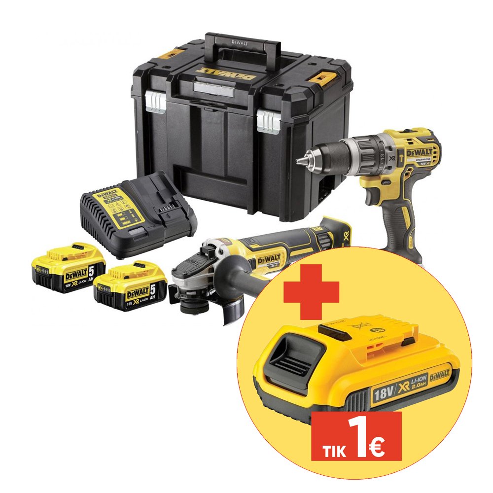 Akumuliatorinis suktuvas ir kampinis šlifuoklis DEWALT, DCK2020P2T-QW, 18 V, 2 x 5,0 Ah akumuliatoriai, kroviklis, lagamine