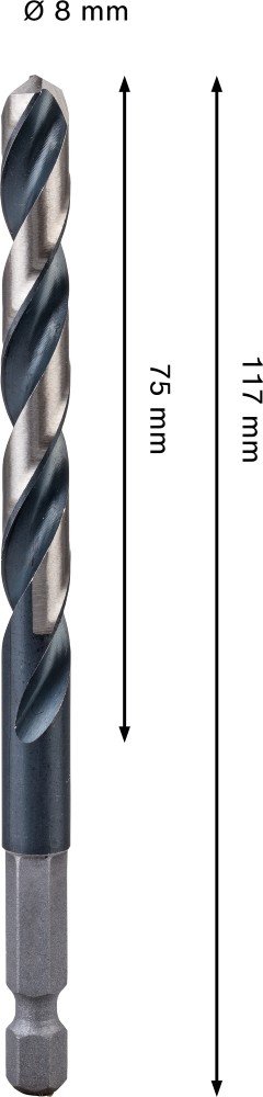 Grąžtas metalui BOSCH HSS, su šešiakampiu kotu, 8,0 mm, 8 × 75 × 117 mm