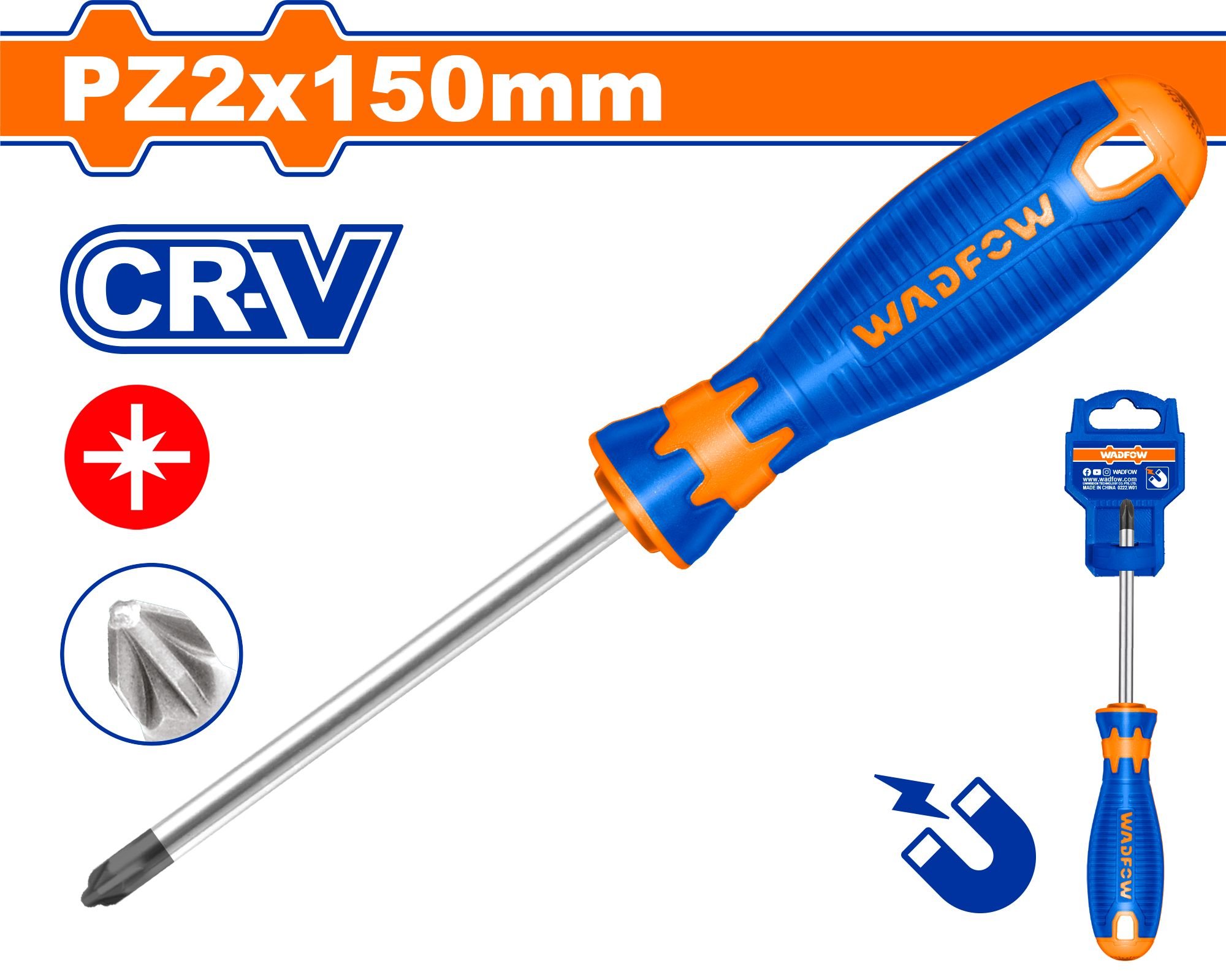 Kryžminis atsuktuvas WADFOW, magnetinis, Cr-V, PZ2, 6x150 mm, WSDZ226