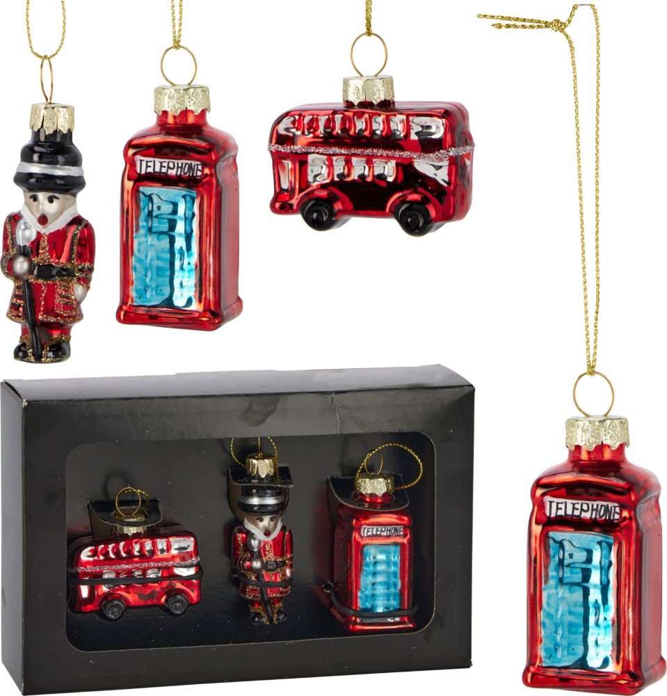 Eglutės žaisliukai Londonas, stiklas, raudonos sp., rinkinys 3 vnt.