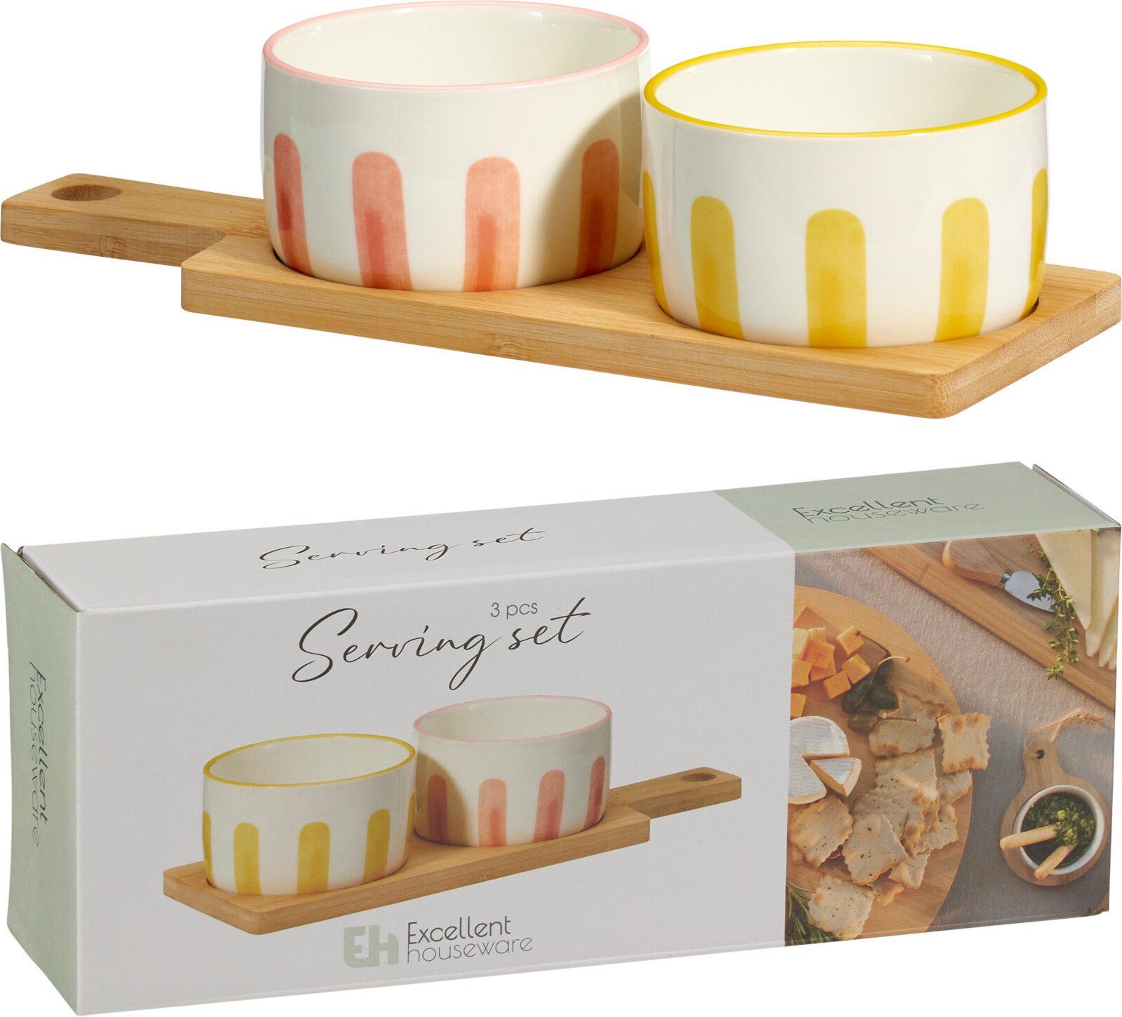 Serviravimo indų rinkinys, 2 vnt. keraminiai indeliai ir bambukinis padėklas