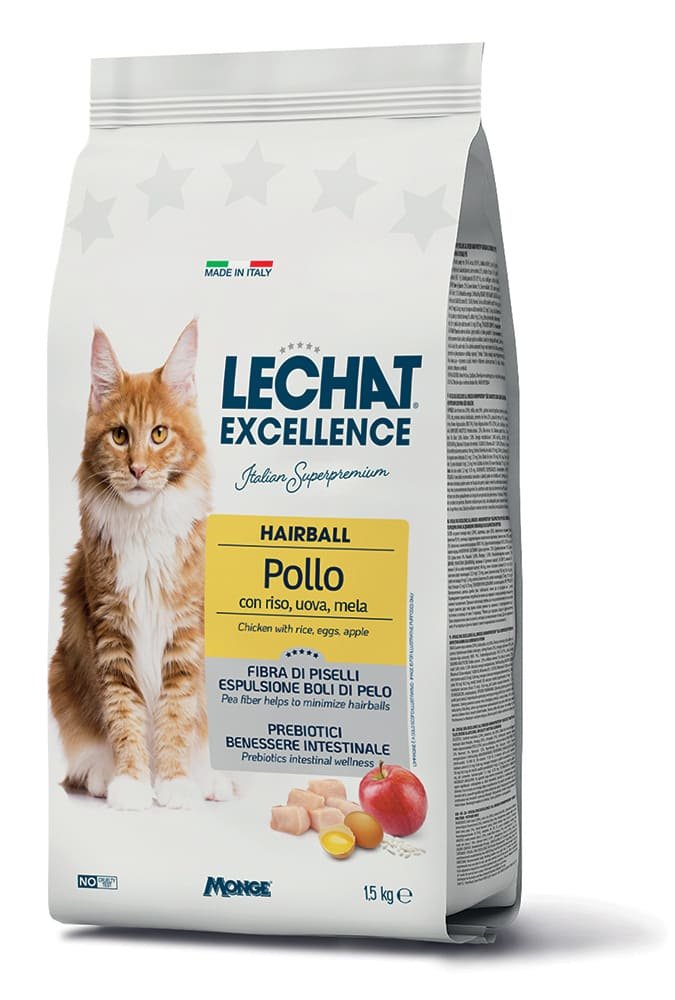 Sausas kačių ėdalas LECHAT EXCELLENSE, su vištiena ir ryžiais,   ilgaplaukėms suaugusioms katėms nuo plaukų gumuliukų 1,5 kg