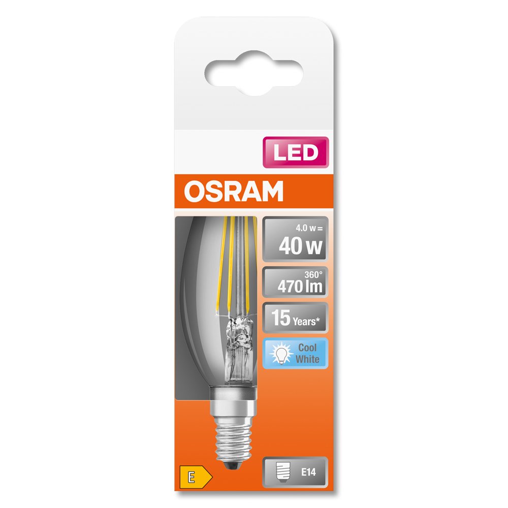 LED lempa OSRAM Star, 4W, E14, 220-240V, 4000K, 470 lm, filamentinė, žvakutė, atitinka 40W lemputę