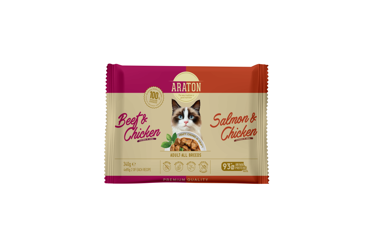 Konservuotas kačių ėdalas ARATON, visų veislių suaugusių kačių šlapių pašarų rinkinys su jautiena ir vištiena, su lašiša ir vištiena, 4x85 g