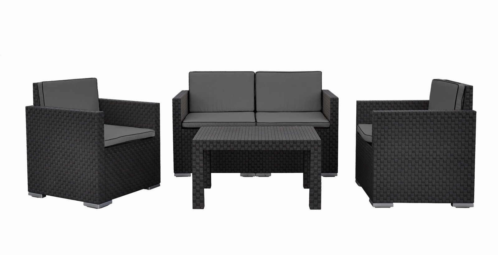 Sodo baldų komplektas, juodos sp., stalas, dvivietė sofa, du foteliai
