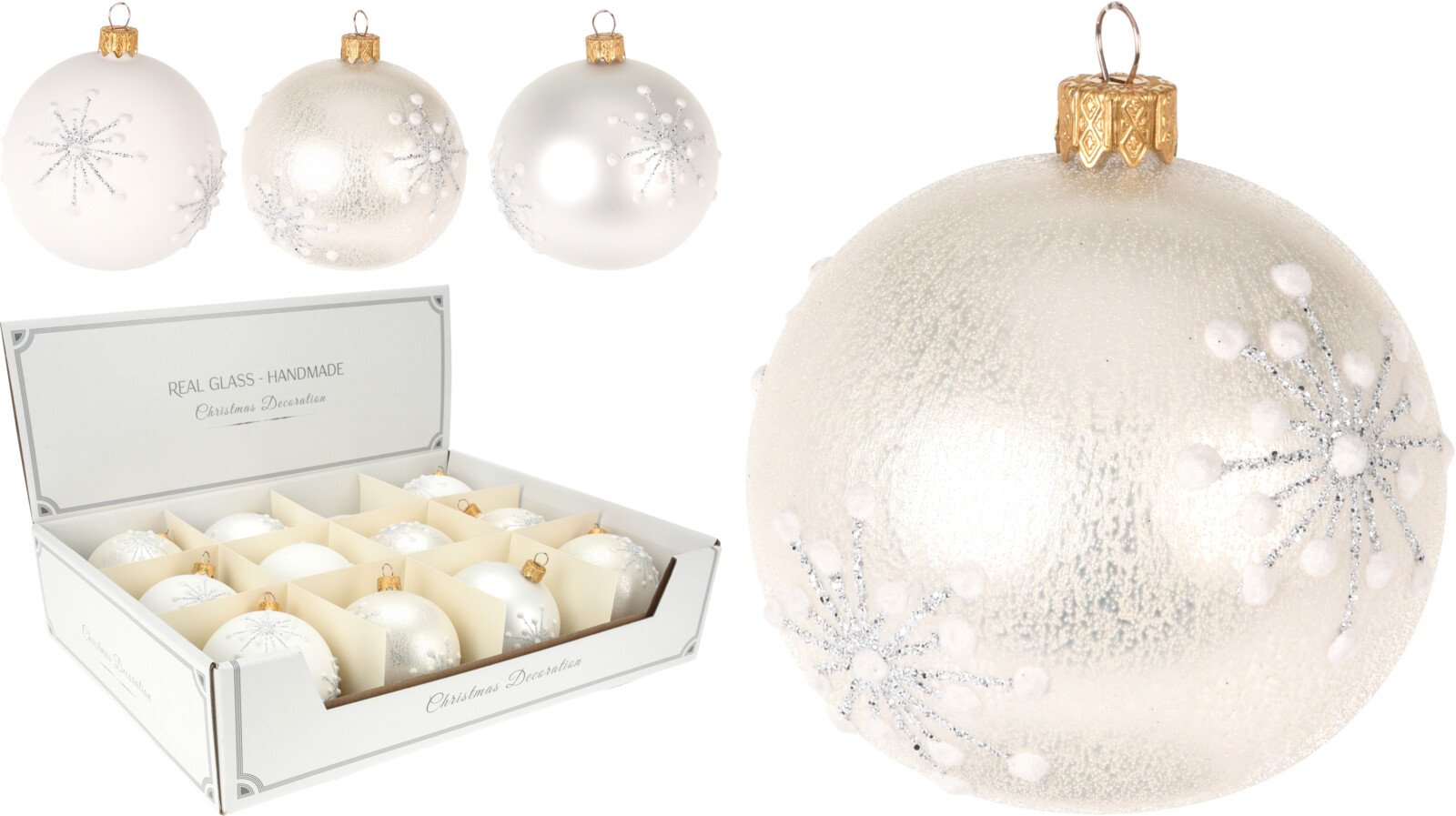 Eglutės žaisliukas Snaigės, stiklas, 3 skirtingos sp., skersmuo 8 cm