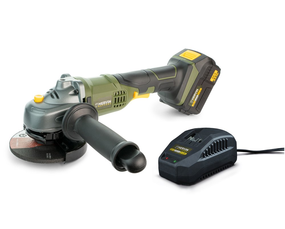 Akumuliatorinis kampinis šlifuoklis HERVIN BATTERY, 20 V, Ø115 mm, su akum. 2,0 Ah, pakr. 2,4 A, PLAL-199-SET