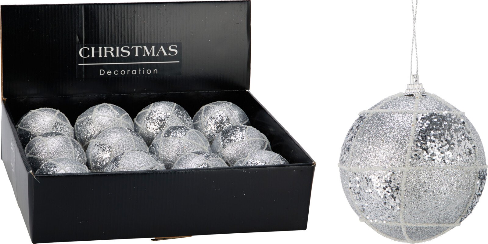 Eglutės žaisliukas, sidabro sp., su linijomis ir blizgučiais, skersmuo 8 cm.