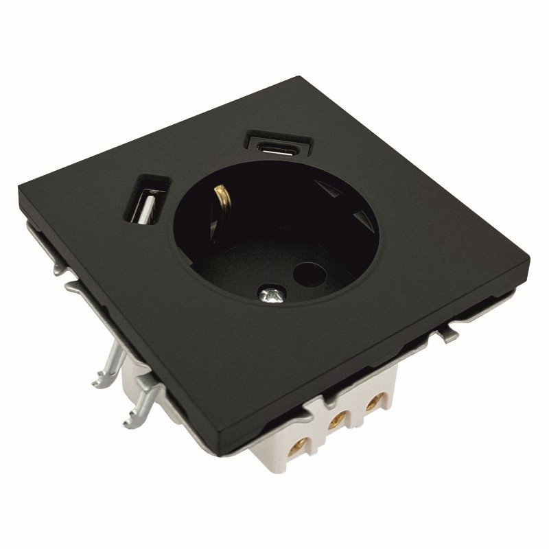 Kištukinis lizdas TOPE Bora, 1 vietos + USB-A + USB-C, įleidžiamas, juodo ssp., su įžeminimu, 500900037
